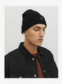 Jack & Jones DNA Mens Beanie Black worn by model in side view with black jacket.