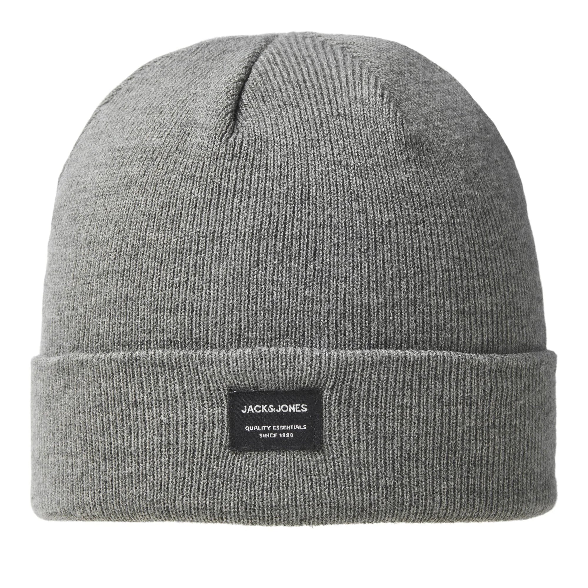 Jack & Jones DNA Mens Beanie Grey Melange front view, soft cotton material, stylish and comfortable hat.