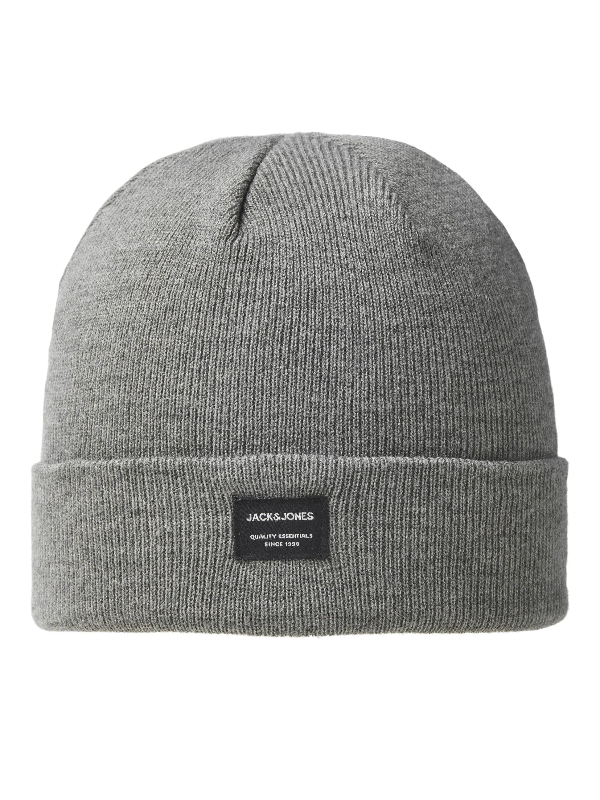 Jack & Jones DNA Mens Beanie Grey Melange front view, soft cotton material, stylish and comfortable hat.