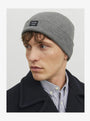 Jack & Jones DNA Mens Beanie Grey Melange worn by a model in profile view, showcasing its comfortable fit and stylish design.