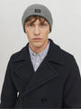Jack & Jones DNA Mens Beanie Grey Melange front view on model wearing a navy coat and striped shirt.