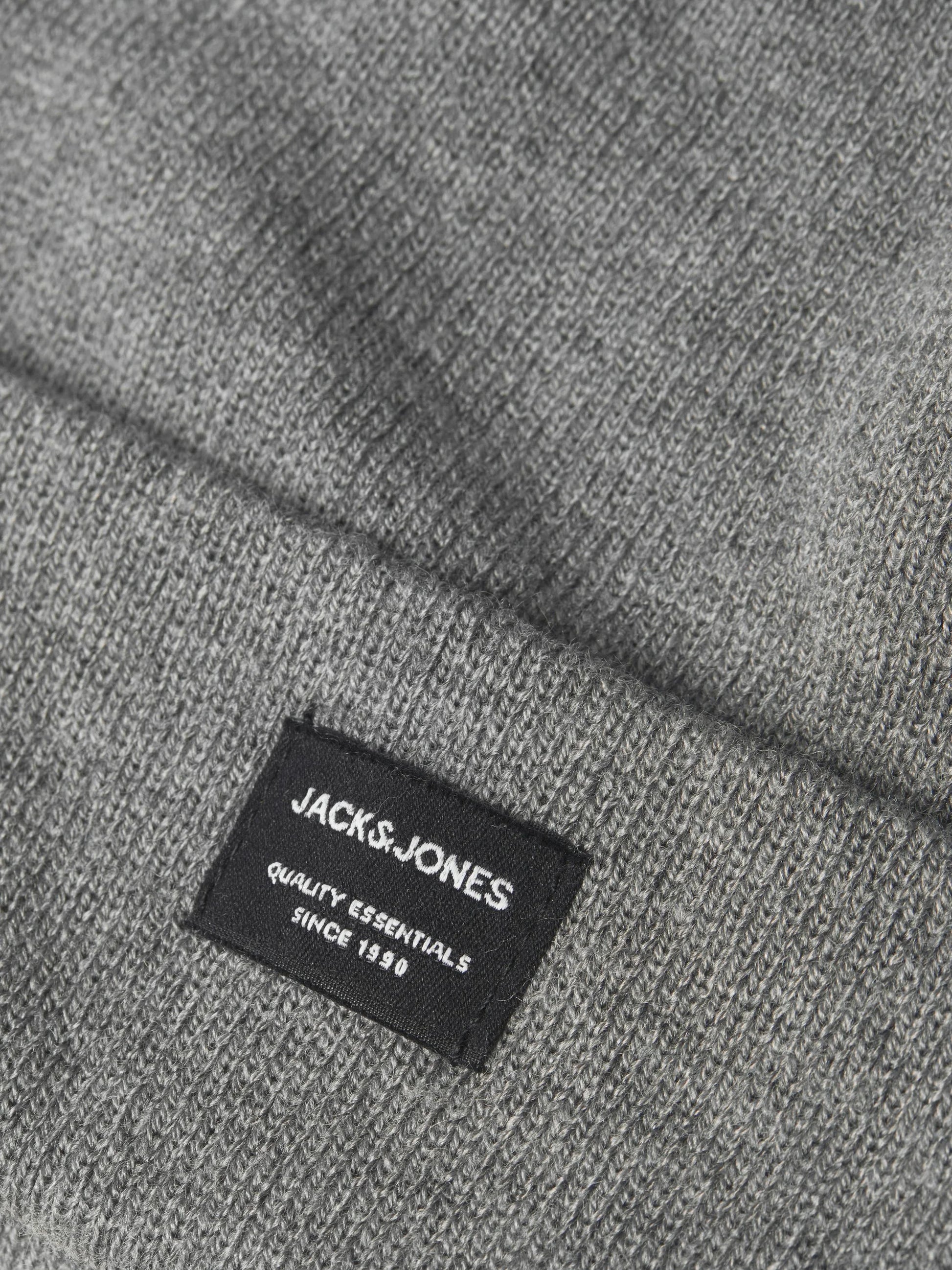Jack & Jones DNA Mens Beanie Grey Melange detail view of fabric and logo tag