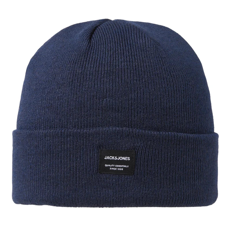Jack & Jones DNA Mens Beanie Navy Blazer front view, comfortable cotton material in navy color.