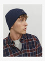 Jack & Jones DNA Mens Beanie Navy Blazer side view on model wearing a plaid shirt.