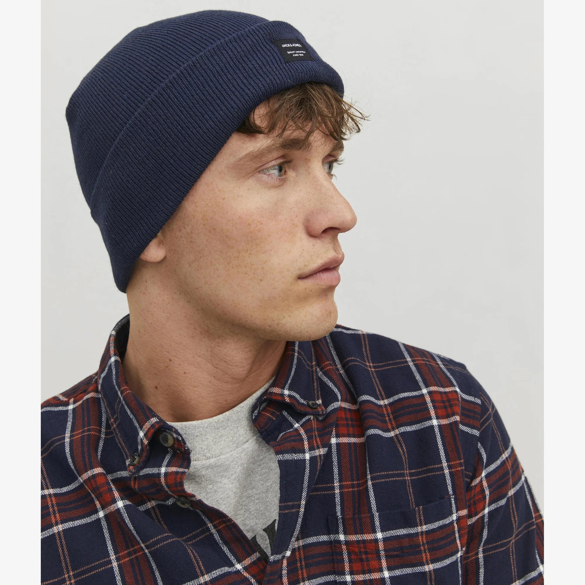 Jack & Jones DNA Mens Beanie Navy Blazer side view on model wearing a plaid shirt.