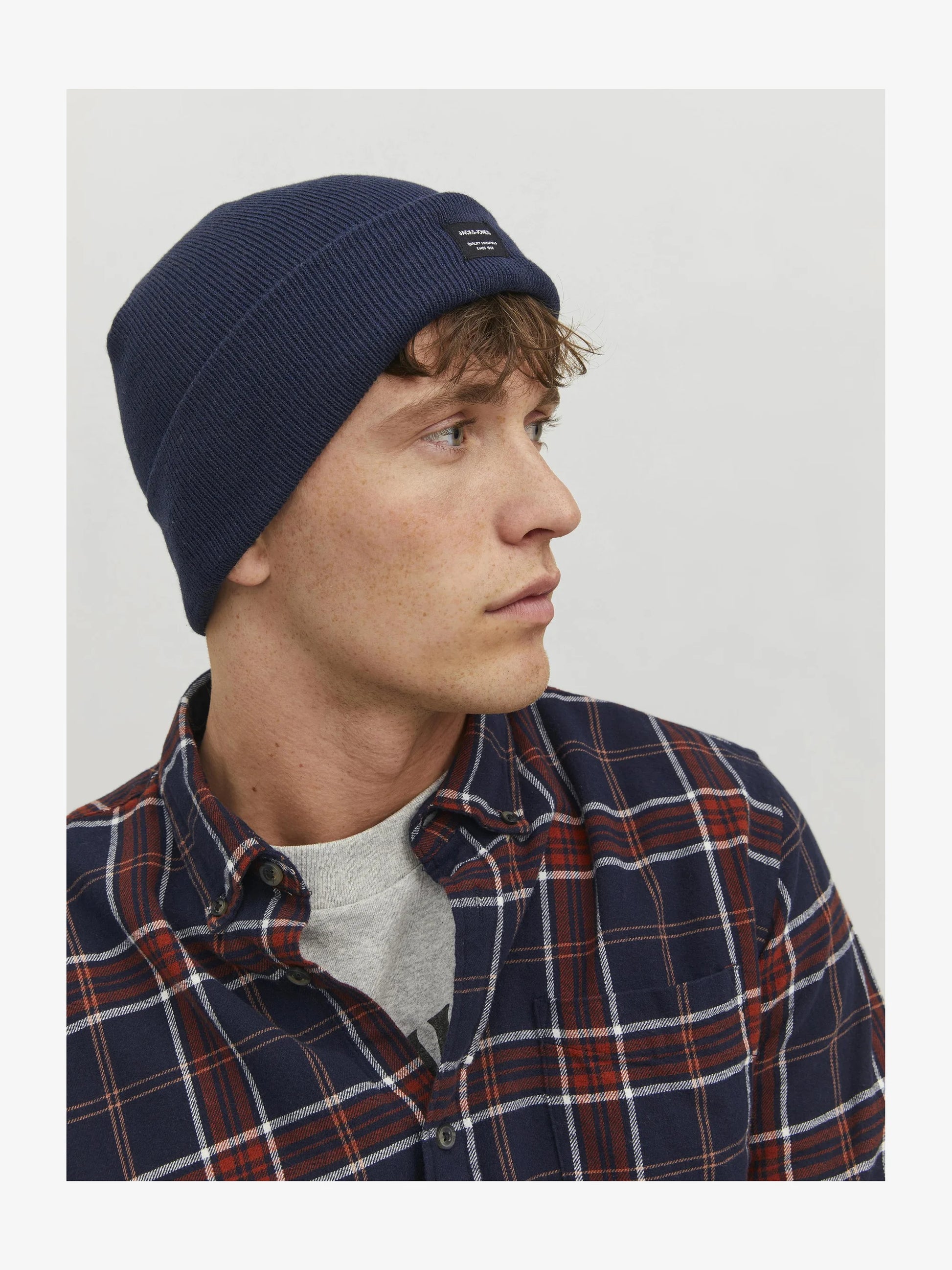 Jack & Jones DNA Mens Beanie Navy Blazer side view on model wearing a plaid shirt.
