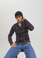Jack & Jones DNA Mens Beanie Navy Blazer front view on model wearing checkered shirt.