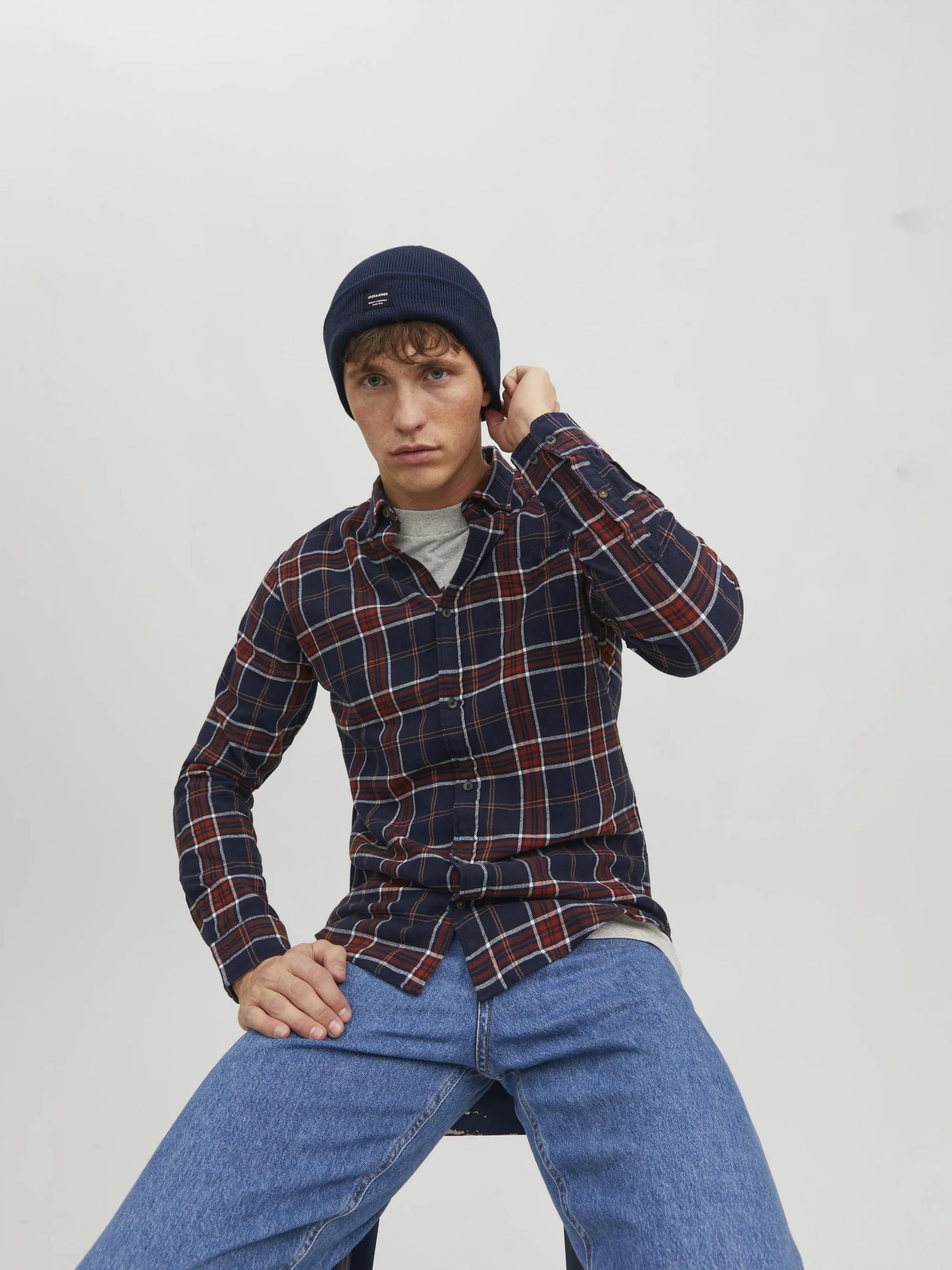Jack & Jones DNA Mens Beanie Navy Blazer front view on model wearing checkered shirt.