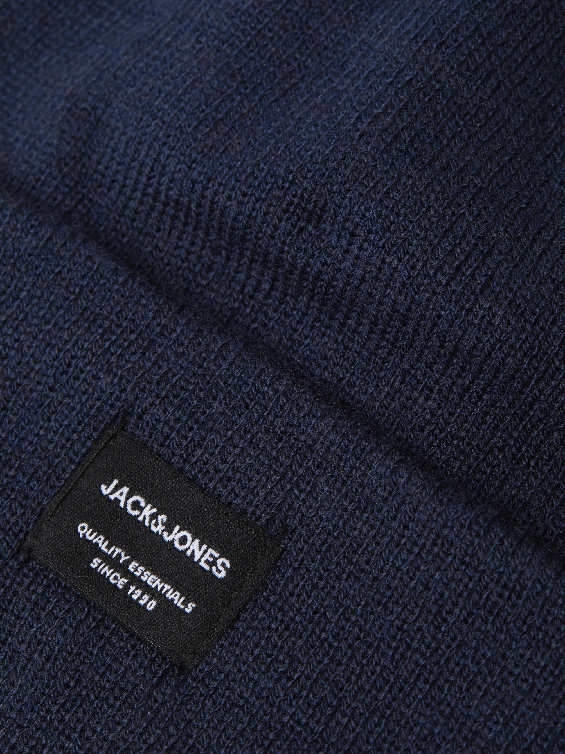 Jack & Jones DNA Mens Beanie Navy Blazer close-up view of fabric and label showing quality details