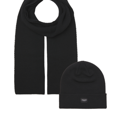 Jack & Jones DNA Mens Hat & Scarf Black front view showing beanie and scarf.