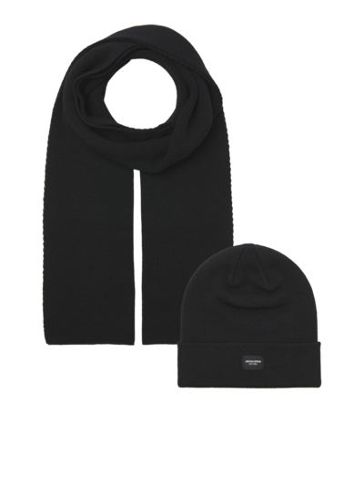Jack & Jones DNA Mens Hat & Scarf Black front view showing beanie and scarf.
