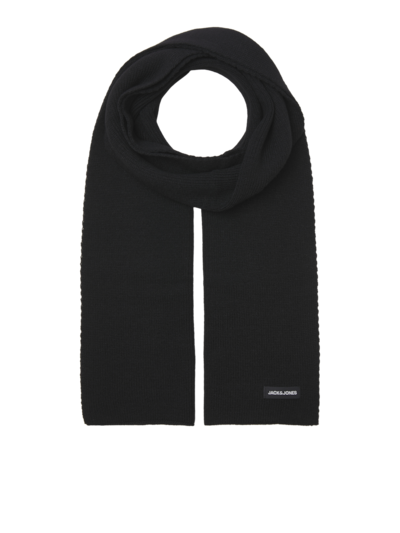 Jack & Jones DNA Mens Hat & Scarf Black detail view of black scarf with brand logo