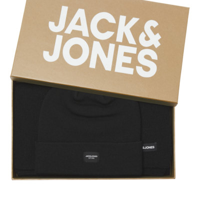 Jack & Jones DNA Mens Hat & Scarf Black inside gift box, showcasing black hat and scarf.