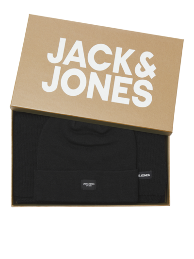 Jack & Jones DNA Mens Hat & Scarf Black inside gift box, showcasing black hat and scarf.