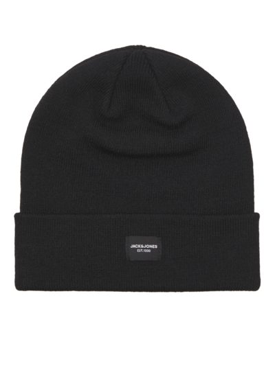 Jack & Jones DNA Mens Hat & Scarf Black front view showing a classic black beanie with logo detail.