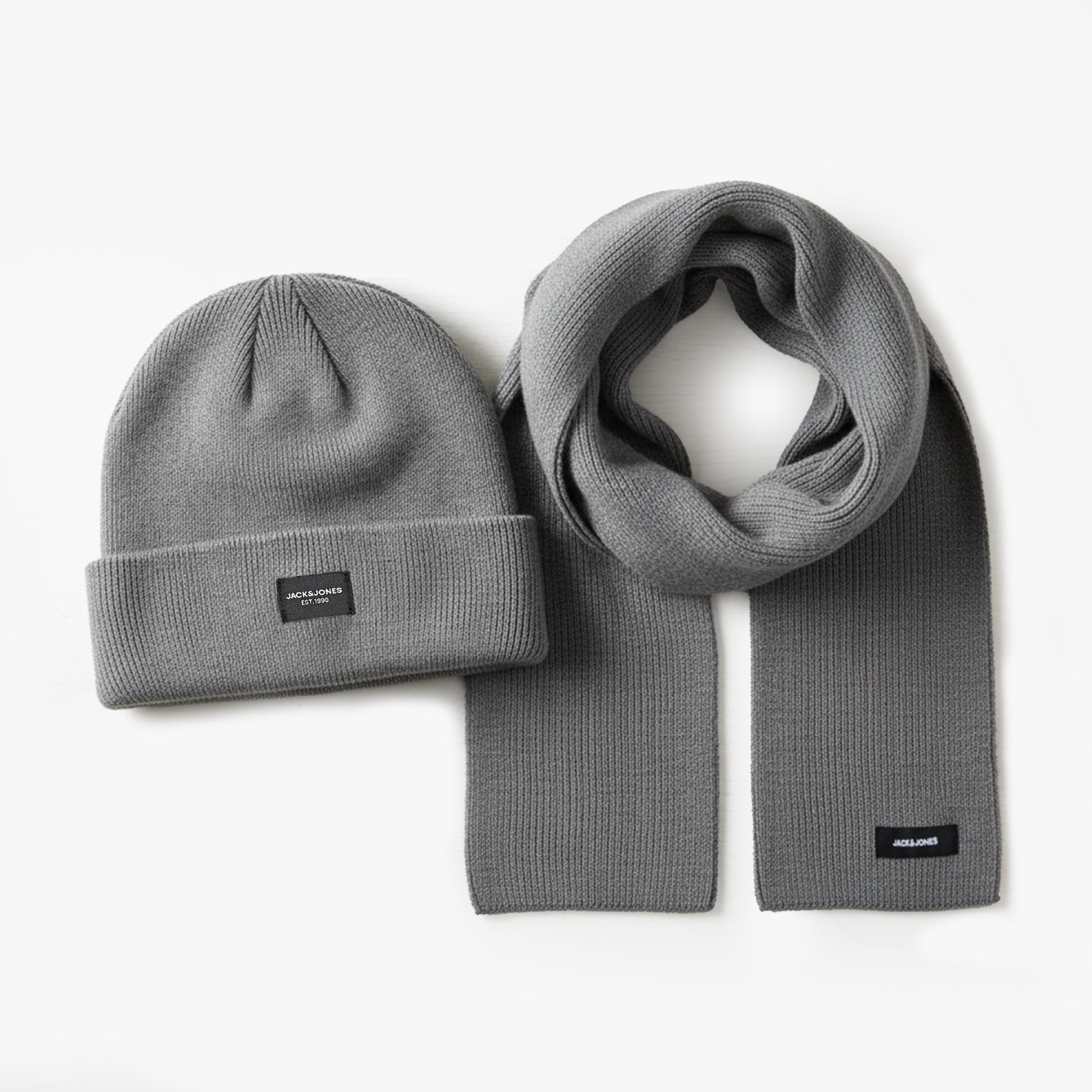 Jack & Jones DNA Mens Hat & Scarf Grey Melange front view showing grey beanie and matching scarf.