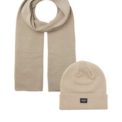 Jack & Jones DNA Mens Hat & Scarf Pure Cashmere front view in beige, featuring a beanie and a scarf.