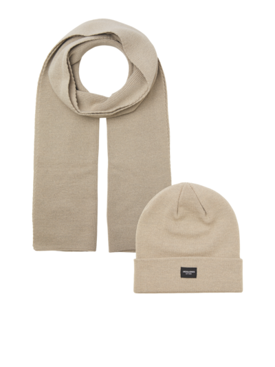 Jack & Jones DNA Mens Hat & Scarf Pure Cashmere front view in beige, featuring a beanie and a scarf.