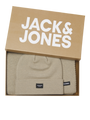Jack & Jones DNA Mens Hat & Scarf Pure Cashmere in gift box, top view of beige hat and scarf set.