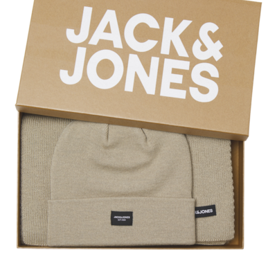 Jack & Jones DNA Mens Hat & Scarf Pure Cashmere in gift box, top view of beige hat and scarf set.