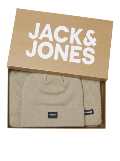 Jack & Jones DNA Mens Hat & Scarf Pure Cashmere in gift box, top view of beige hat and scarf set.