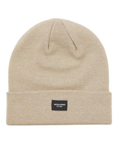 Jack & Jones DNA Mens Hat & Scarf Pure Cashmere front view of beige knitted hat with logo.