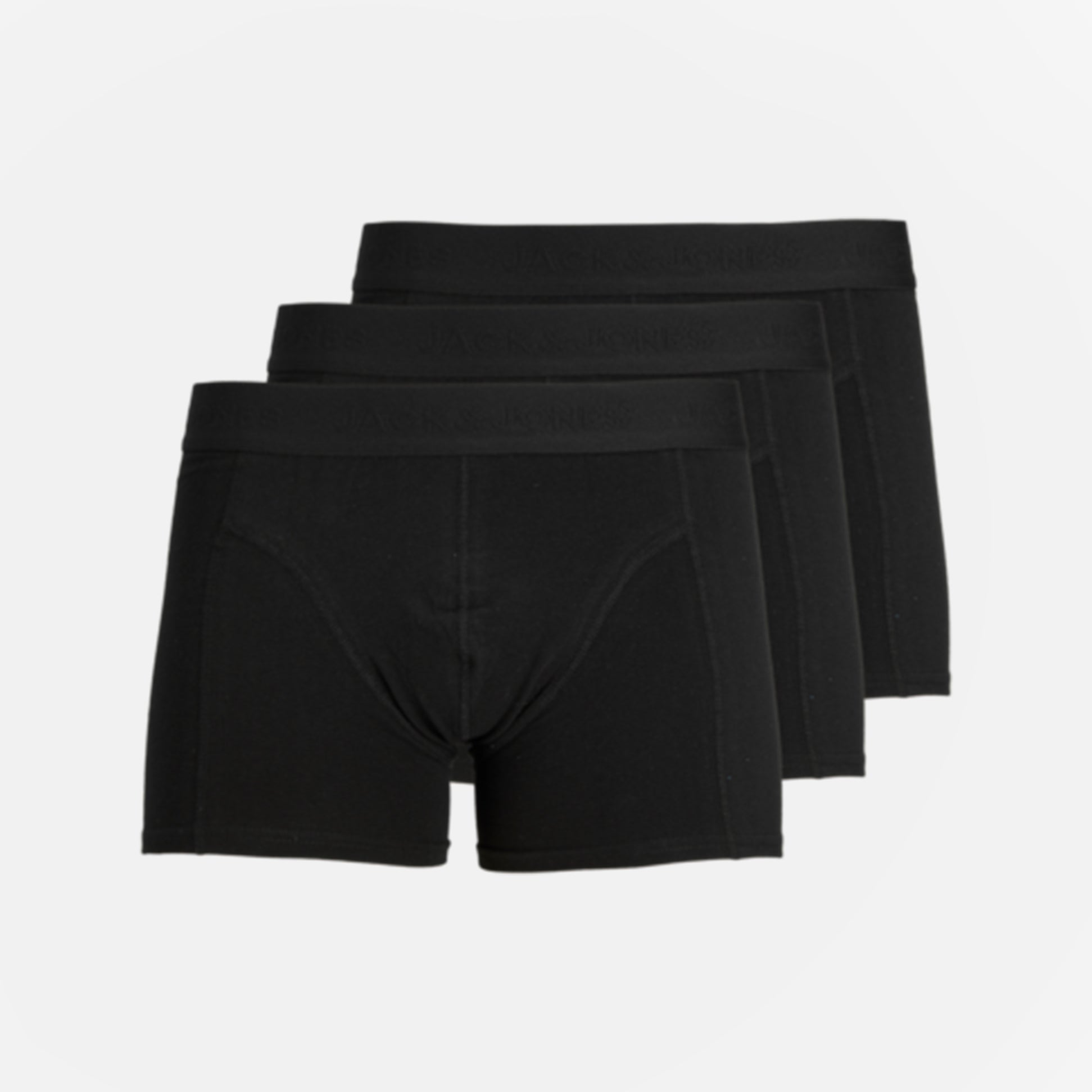 Jack & Jones WAISTBAND 3 Pack Trunks Mens Black front view showing three black trunks with elasticated waistbands