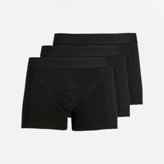 Jack & Jones WAISTBAND 3 Pack Trunks Mens Black front view showing three black trunks with elasticated waistbands