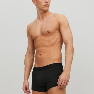 Jack & Jones WAISTBAND 3 Pack Trunks Mens Black side view on a model showcasing the elasticated waistband and fit.