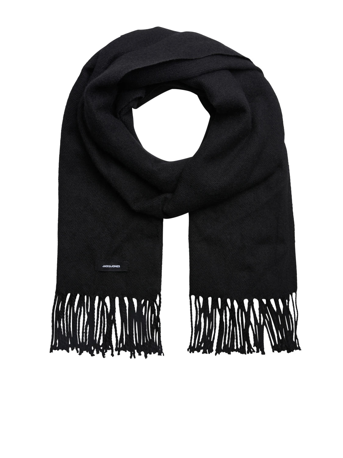 Jack & Jones SOLID WOVEN Mens Scarf Black front view with fringed edges, made of acrylic and polyester.