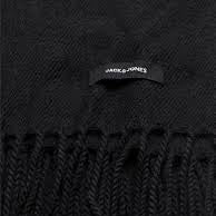 Jack & Jones SOLID WOVEN Mens Scarf Black detail view showing label and fringes.