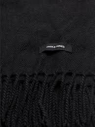 Jack & Jones SOLID WOVEN Mens Scarf Black detail view showing label and fringes.