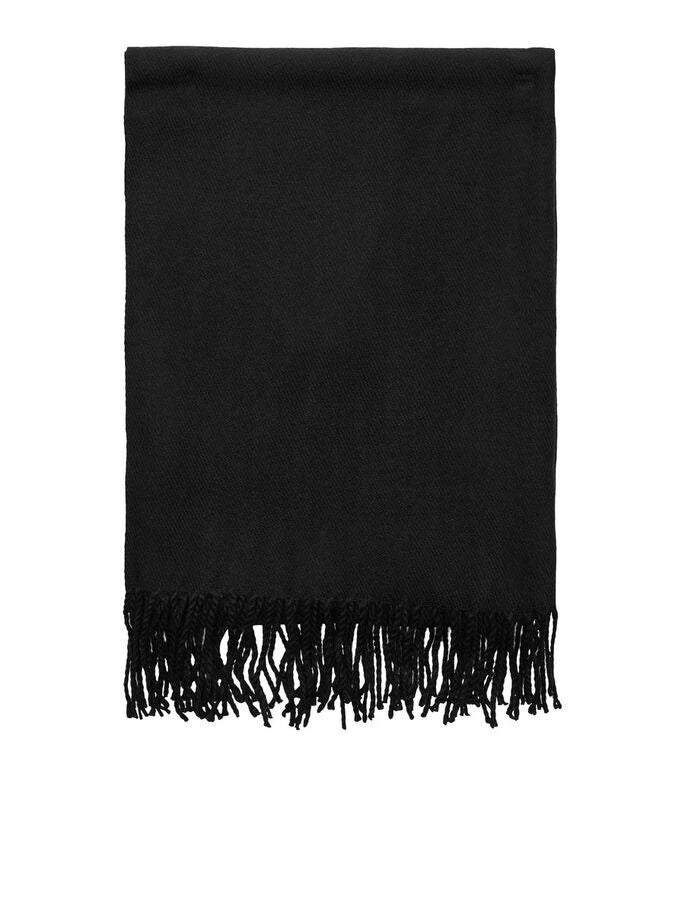 Jack & Jones SOLID WOVEN Mens Scarf Black front view, showcasing soft fabric and fringed edges.