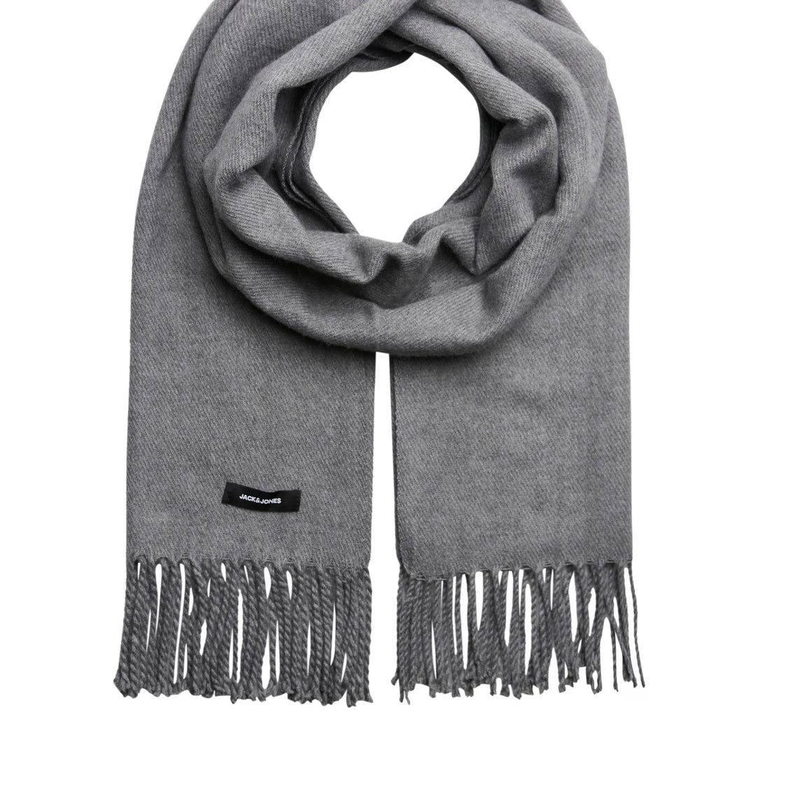 Jack & Jones SOLID WOVEN Mens Scarf Grey Melange front view showcasing soft fabric and fringe detail.