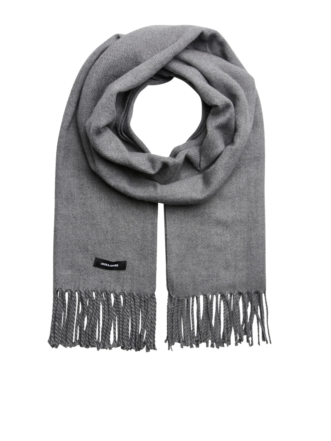 Jack & Jones SOLID WOVEN Mens Scarf Grey Melange front view showcasing soft fabric and fringe detail.