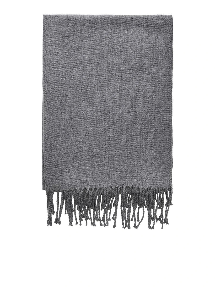 Jack & Jones SOLID WOVEN Mens Scarf Grey Melange front view showcasing soft texture and fringe detail.