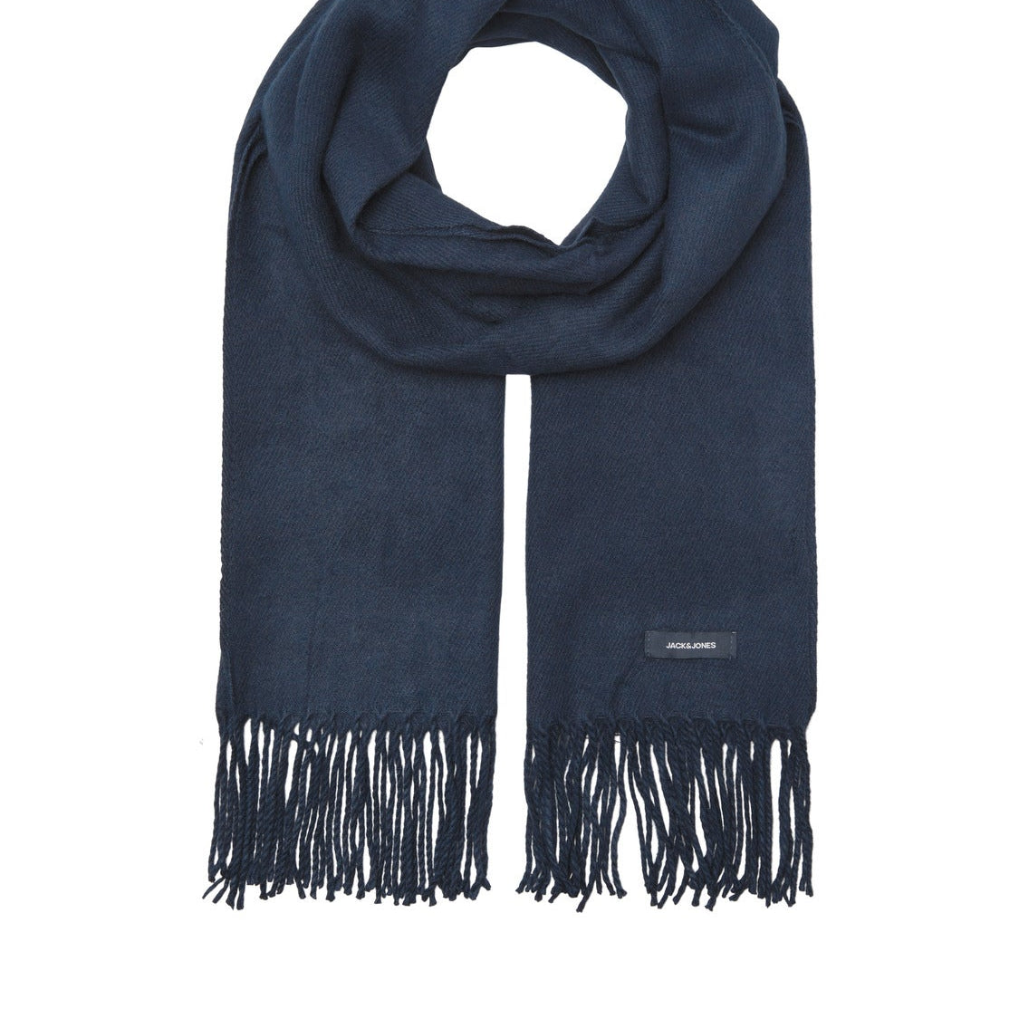 Jack & Jones SOLID WOVEN Mens Scarf Navy Blazer displayed front view, showcasing navy color and fringe detailing.
