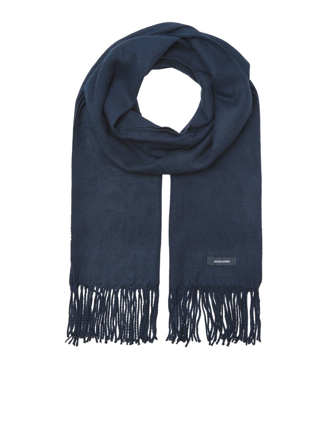 Jack & Jones SOLID WOVEN Mens Scarf Navy Blazer displayed front view, showcasing navy color and fringe detailing.