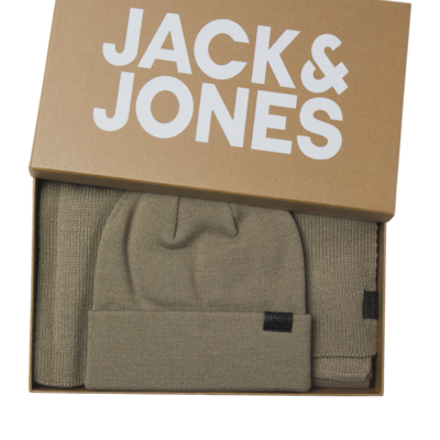Jack & Jones JOLLY KNIT Mens Scarf & Beanie Giftset Overland Trek in a gift box, showing beige scarf and beanie.