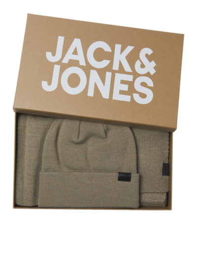 Jack & Jones JOLLY KNIT Mens Scarf & Beanie Giftset Overland Trek in a gift box, showing beige scarf and beanie.