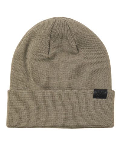 Jack & Jones JOLLY KNIT Mens Scarf & Beanie Giftset Overland Trek beanie top view in beige color with logo detail.