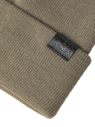 Jack & Jones JOLLY KNIT Mens Scarf & Beanie Giftset Overland Trek detail view of beanie with logo on fabric.