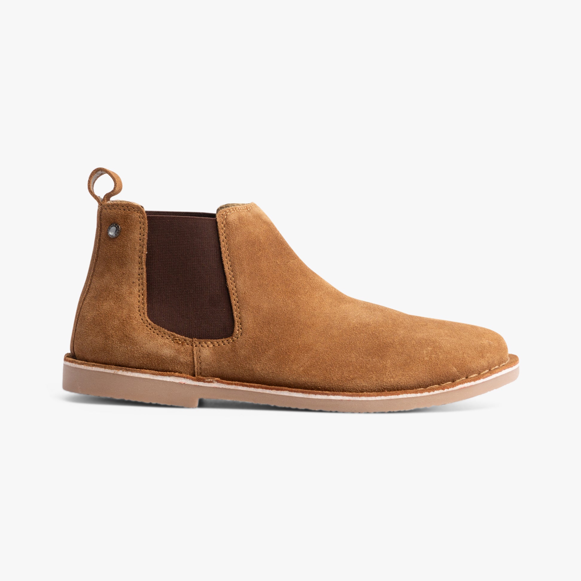 Jack & Jones BRAVO SUEDE Mens Chelsea Boots Cognac side view showing suede upper material and elasticated side panel.