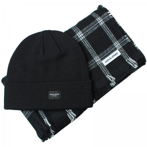 Jack & Jones FROST DNA Mens Beanie Black and plaid scarf flat lay view.