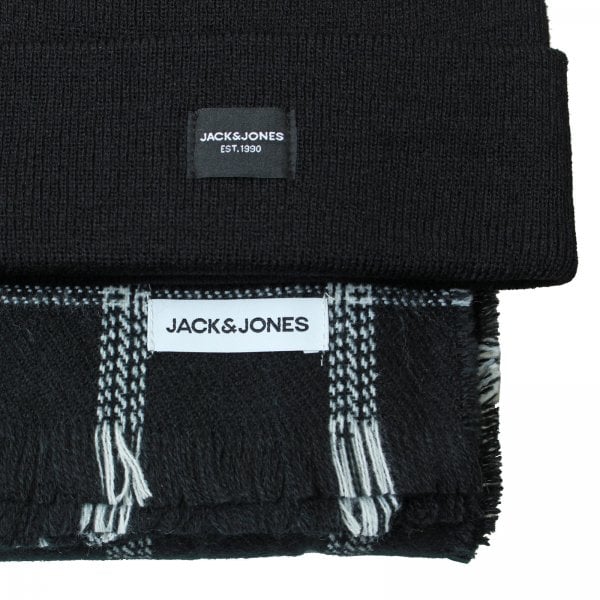 Jack & Jones FROST DNA Mens Beanie Black and black and white scarf detail view.