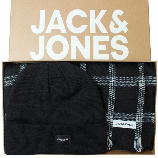 Jack & Jones FROST DNA Mens Beanie Black front view in gift box with matching scarf.