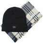 Jack & Jones FROST DNA Mens Beanie Navy Blazer top view with plaid scarf, showcasing the beanie's comfort and style.