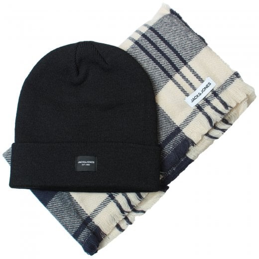 Jack & Jones FROST DNA Mens Beanie Navy Blazer top view with plaid scarf, showcasing the beanie's comfort and style.