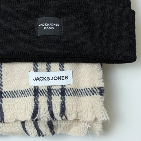 Jack & Jones FROST DNA Mens Beanie Navy Blazer and scarf detail view, showcasing brand labels and textures.