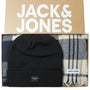 Jack & Jones FROST DNA Mens Beanie Navy Blazer in gift box with scarf, top view showcasing navy hat and plaid scarf.